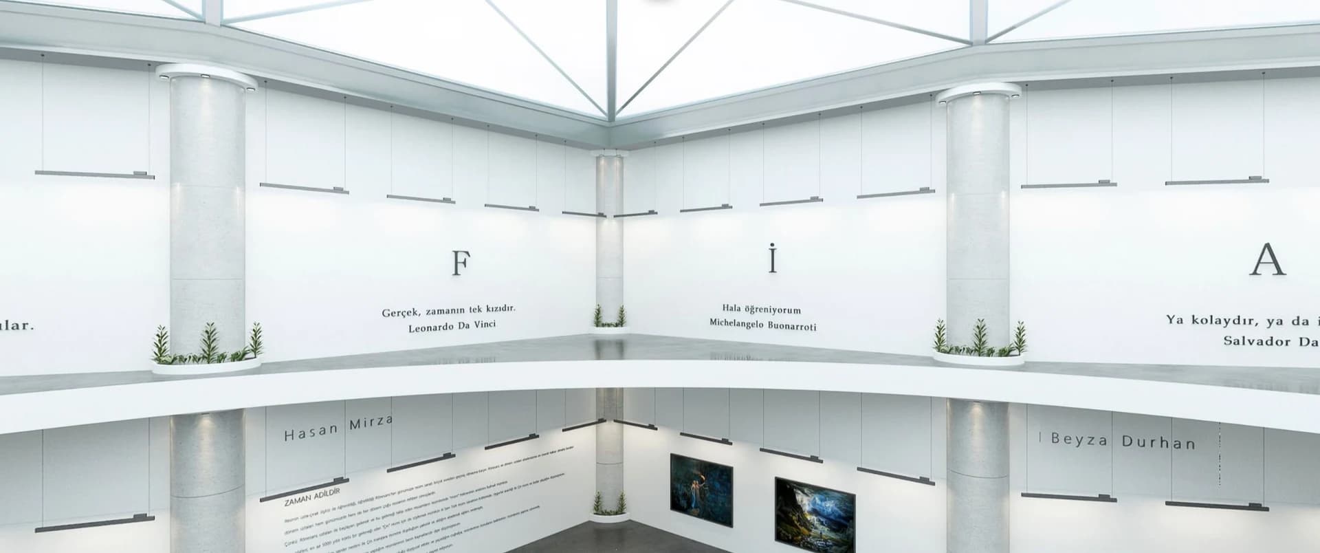 Fi Art Gallery üst katında aydınlık çatı, dairesel galeri boşluğu ve sergileme alanları; sanal turdan görünüş