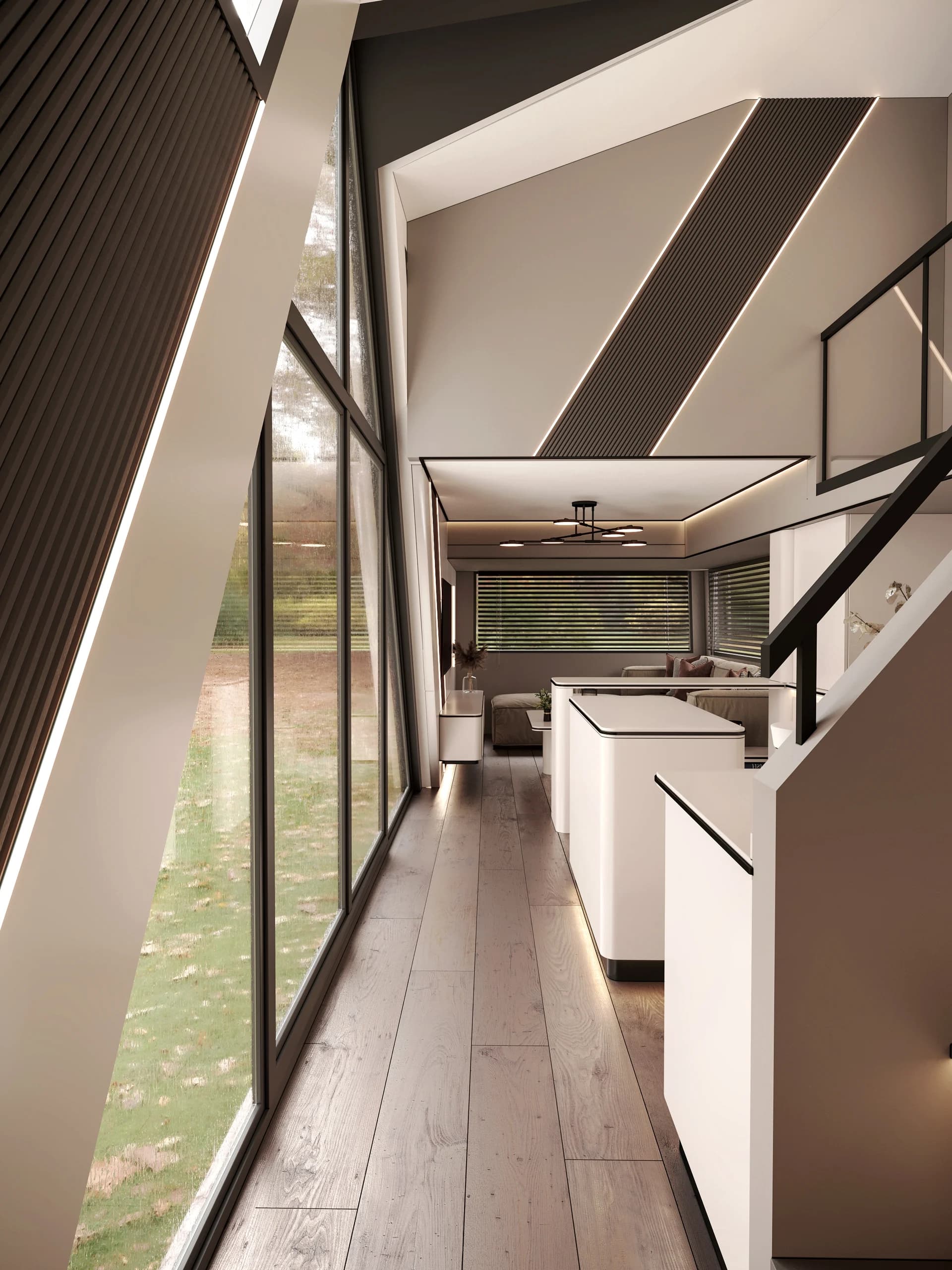 Fi-Ra Tiny House içinde merdiven, mutfak ve yaşam alanı ilişkisi