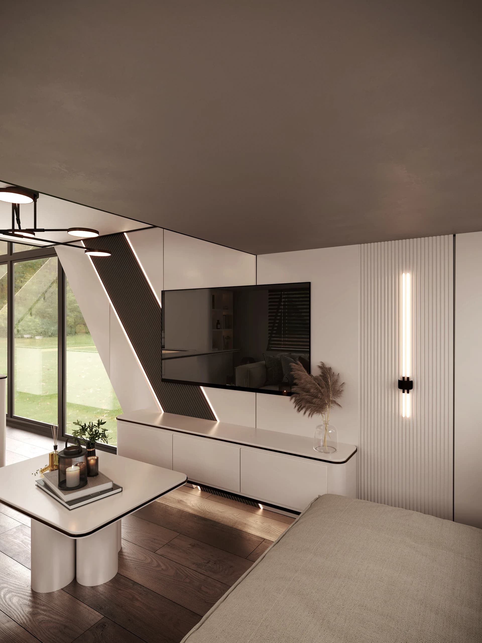 Fi-Ra Tiny House oturma alanı ve televizyon duvarı