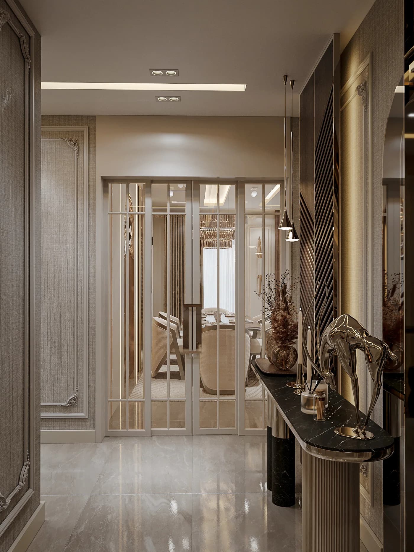 Fulya Koç Villa holünde ayna, konsol ve kapı detayları