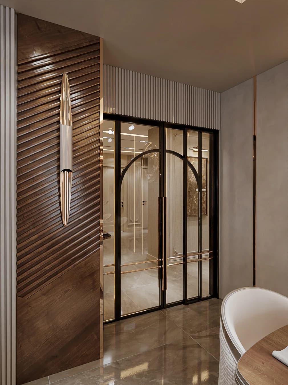 Fulya Koç Villa salon girişinde ahşap duvar ve cam kapı