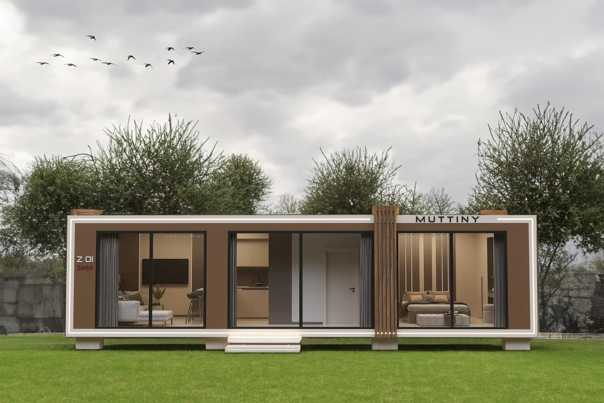Zago Tiny House, yeşil alan içinde uzun cam cephenin önden görünüşü