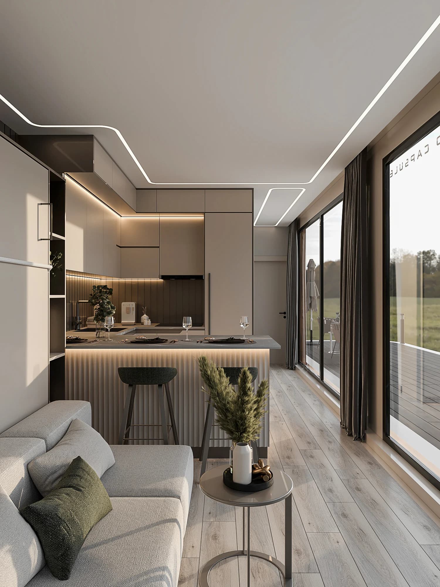 Zago Tiny House içinde mutfak ve yaşam alanının ilişkisi